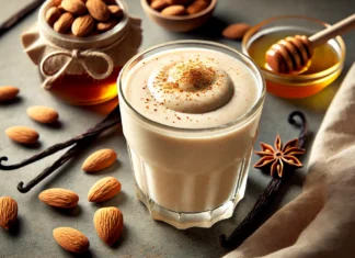 A creamy almond vanilla smoothie in a glass, garnished with a sprinkle of nutmeg. The smoothie has a smooth, rich texture, surrounded by whole almonds, a small honey jar, and a vanilla pod, creating a warm and relaxing nighttime aesthetic.
