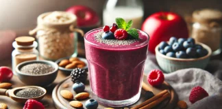 A vibrant red-purple antioxidant smoothie in a clear glass, garnished with fresh berries and a drizzle of almond butter. The smoothie sits on a wooden countertop, surrounded by a red apple, oat milk, and chia seeds, creating a refreshing and gut-supporting atmosphere.