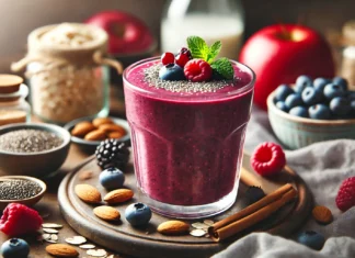 A vibrant red-purple antioxidant smoothie in a clear glass, garnished with fresh berries and a drizzle of almond butter. The smoothie sits on a wooden countertop, surrounded by a red apple, oat milk, and chia seeds, creating a refreshing and gut-supporting atmosphere.