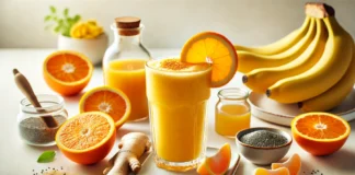 A vibrant orange and apple cider vinegar smoothie in a clear glass, surrounded by fresh orange slices, banana, apple cider vinegar, grated ginger, and chia seeds on a bright kitchen counter. A digestion-supporting drink designed to enhance stomach acid levels and improve gut health.