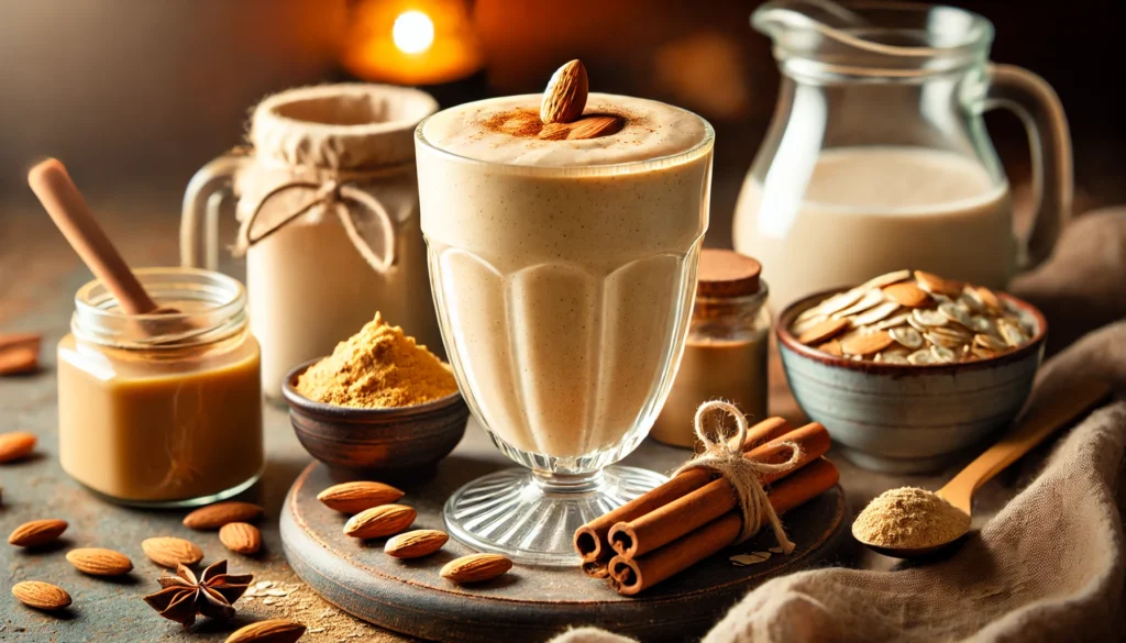 A creamy ashwagandha-almond butter smoothie in a glass with a rich beige tone, surrounded by a jar of almond butter, a small dish of ashwagandha powder, cinnamon sticks, and a glass of oat milk. The warm, cozy ambiance with soft evening lighting enhances the soothing pre-sleep atmosphere.