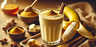 A creamy ashwagandha-banana smoothie in a glass with a light golden hue, surrounded by a peeled banana, a small dish of ashwagandha powder, cinnamon sticks, and a drizzle of honey. The warm, calming ambiance with soft lighting creates a soothing pre-bedtime atmosphere.