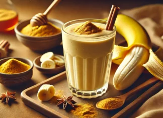 A creamy ashwagandha-banana smoothie in a glass with a light golden hue, surrounded by a peeled banana, a small dish of ashwagandha powder, cinnamon sticks, and a drizzle of honey. The warm, calming ambiance with soft lighting creates a soothing pre-bedtime atmosphere.