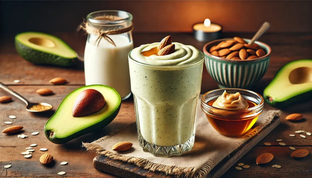 A creamy avocado-almond smoothie in a clear glass, with a velvety texture and a drizzle of maple syrup on top. The smoothie is set on a wooden surface with a halved avocado, a small bowl of almond butter, and a glass of oat milk, exuding a warm and relaxing nighttime ambiance.