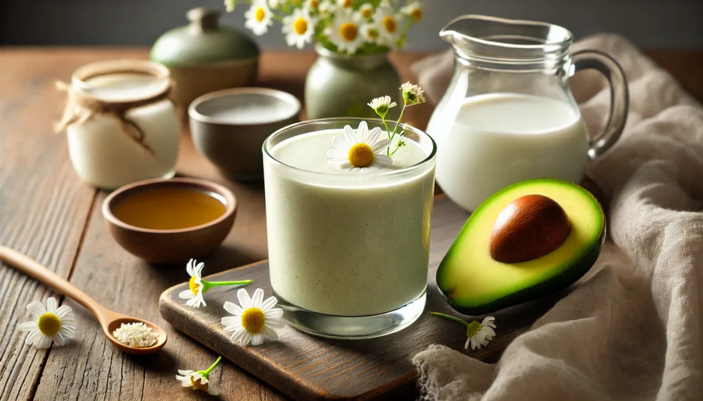 A smooth avocado-chamomile smoothie in a clear glass, with a creamy texture and a light garnish of chamomile flowers. The smoothie is placed on a wooden surface alongside a halved avocado, a small teapot of chamomile tea, and a glass of coconut milk, evoking a soft, calming nighttime atmosphere.