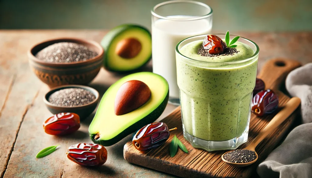 A thick and creamy avocado-date smoothie in a glass, set on a wooden table alongside a halved avocado, Medjool dates, chia seeds, and cashew milk. The smoothie has a slight green hue, embodying a nutrient-dense, sleep-supporting blend.