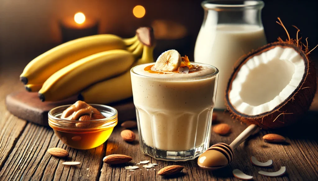 A creamy banana-almond coconut smoothie in a clear glass, with a velvety texture and a drizzle of honey on top. The smoothie sits on a wooden surface with a halved banana, a small bowl of almond butter, and a glass of warm coconut milk, exuding a warm and relaxing nighttime ambiance.