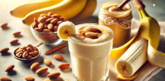 A creamy banana almond smoothie in a glass with a light golden hue, surrounded by whole almonds, a jar of almond butter, a sliced banana, and a sprinkle of cinnamon. The soft morning light enhances the fresh and energizing mood.