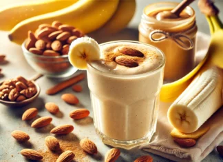 A creamy banana almond smoothie in a glass with a light golden hue, surrounded by whole almonds, a jar of almond butter, a sliced banana, and a sprinkle of cinnamon. The soft morning light enhances the fresh and energizing mood.