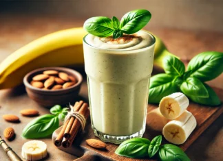A creamy banana-basil relaxation smoothie in a tall glass, garnished with a small basil leaf. The smoothie has a smooth, rich texture with a light green hue. Surrounding the glass are a ripe banana, fresh basil leaves, a small bowl of almond butter, and cinnamon sticks, all placed on a wooden countertop with soft, warm lighting.