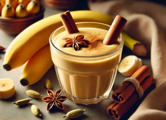 A rich and creamy banana-cardamom sleep smoothie in a clear glass, surrounded by fresh bananas, cinnamon sticks, and cardamom pods. The warm, cozy background enhances its soothing and relaxing appeal.
