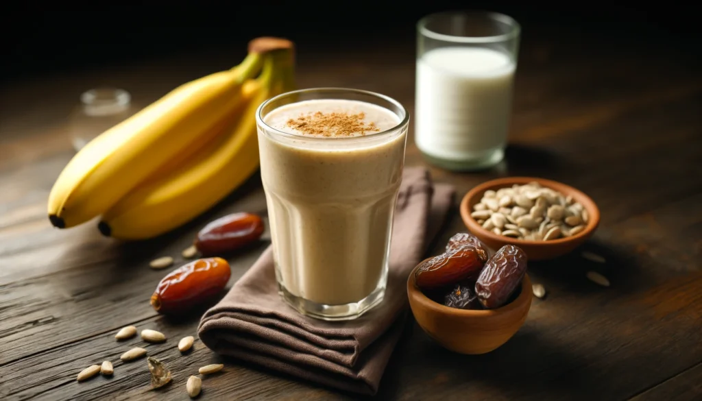 A rich banana-date smoothie in a glass, placed on a rustic wooden table with a ripe banana, Medjool dates, sunflower seeds, and coconut milk. The thick, creamy smoothie is dusted with nutmeg, offering a soothing nighttime drink.