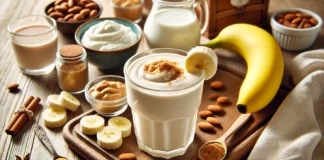 A creamy banana-Greek yogurt protein smoothie in a glass, garnished with a banana slice and cinnamon, surrounded by fresh ingredients on a wooden countertop.