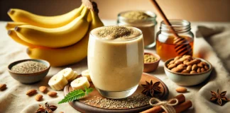 A creamy banana-hemp relaxation smoothie in a clear glass, surrounded by fresh bananas, hemp seeds, cinnamon sticks, and almond butter. The smoothie has a smooth, golden hue, set against a softly lit, cozy background for a relaxing and calming atmosphere.