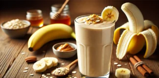 A tall glass of Banana Oat Energy Smoothie with a creamy light beige texture, garnished with a perfectly sliced banana piece and a sprinkle of oats. Surrounding the smoothie are fresh banana slices, a small bowl of almond butter, a drizzle of honey, and a cinnamon stick on a wooden table, creating a warm and inviting energy-boosting setting.