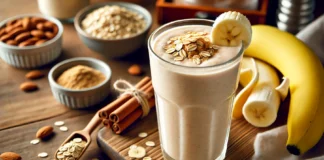 A tall glass of Banana-Oat Protein Recovery Smoothie with a creamy beige texture, topped with oats and a banana slice on the rim. Surrounding the glass are a small bowl of almond butter, a scoop of protein powder, and cinnamon sticks on a wooden table, creating a fitness-themed aesthetic.