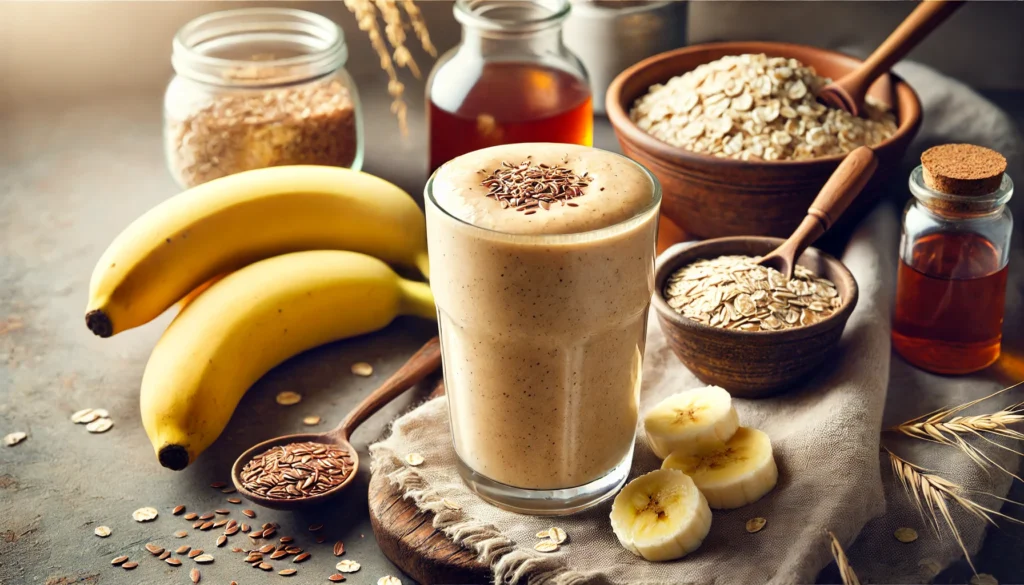 A hearty banana oatmeal smoothie in a glass with a thick and creamy texture, surrounded by a bowl of cooked oats, a sliced banana, flaxseeds, and a small jar of maple syrup. The soft natural lighting enhances the cozy and nourishing morning vibe.