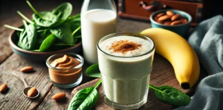 A creamy banana-spinach smoothie in a glass, surrounded by fresh spinach leaves, a ripe banana, almond butter, and almond milk on a rustic wooden table. The smoothie has a smooth texture with a hint of cinnamon, creating a cozy, sleep-supporting drink.