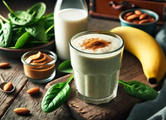 A creamy banana-spinach smoothie in a glass, surrounded by fresh spinach leaves, a ripe banana, almond butter, and almond milk on a rustic wooden table. The smoothie has a smooth texture with a hint of cinnamon, creating a cozy, sleep-supporting drink.