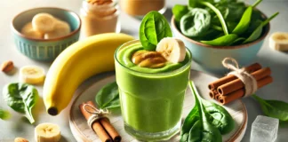 A vibrant green Banana-Spinach Muscle Relaxation Smoothie in a clear glass, garnished with a banana slice and a sprinkle of cinnamon. Surrounded by fresh spinach leaves, a whole banana, almond butter, and ice cubes on a wooden surface.