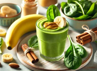 A vibrant green Banana-Spinach Muscle Relaxation Smoothie in a clear glass, garnished with a banana slice and a sprinkle of cinnamon. Surrounded by fresh spinach leaves, a whole banana, almond butter, and ice cubes on a wooden surface.