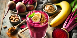 A vibrant beet-banana endurance recovery smoothie in a clear glass, with a deep magenta color. The smoothie is garnished with a banana slice and a sprinkle of cinnamon. Surrounding the glass are fresh beets, a banana, and a small dish of almond butter on a rustic wooden surface, illuminated by soft natural lighting.