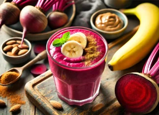 A vibrant beet-banana endurance recovery smoothie in a clear glass, with a deep magenta color. The smoothie is garnished with a banana slice and a sprinkle of cinnamon. Surrounding the glass are fresh beets, a banana, and a small dish of almond butter on a rustic wooden surface, illuminated by soft natural lighting.