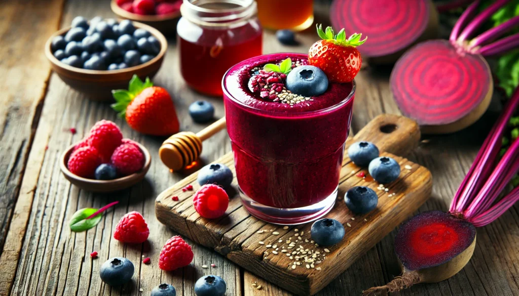 A vibrant beet-berry antioxidant muscle repair smoothie in a glass, with a rich deep red-purple hue. The smoothie is surrounded by fresh mixed berries, including blueberries, raspberries, and strawberries, along with a sliced beet. A drizzle of honey and a sprinkle of hemp seeds are on top, set against a rustic wooden table with soft natural lighting.