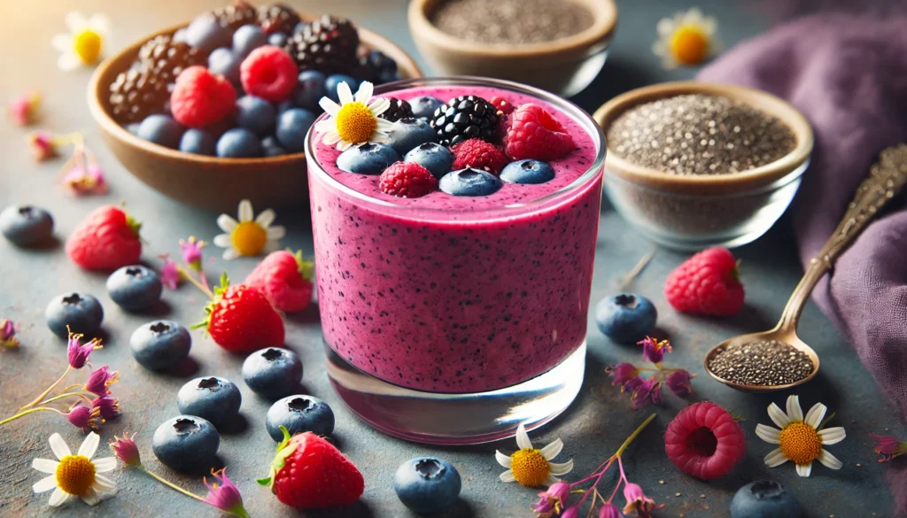 A vibrant berry chamomile smoothie in a glass with a rich purple-pink hue, surrounded by fresh mixed berries (blueberries, raspberries, blackberries), dried chamomile flowers, and a small dish of chia seeds. The soft lighting enhances relaxation and stress relief.