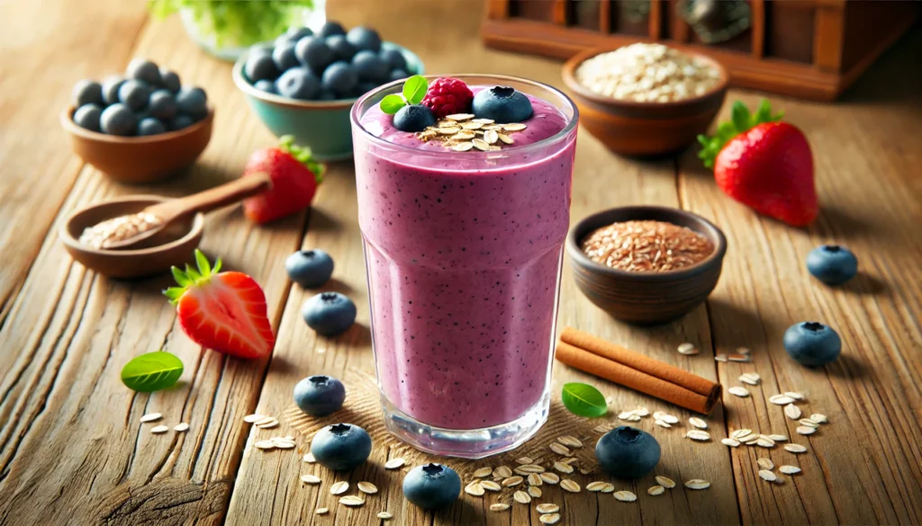 A tall glass of Berry-Oat Antioxidant Smoothie with a vibrant purple hue, topped with fresh berries and a sprinkle of oats. Around the smoothie are frozen blueberries, strawberries, a small bowl of flaxseeds, and a cinnamon stick on a wooden table, evoking a fresh and nourishing feel.