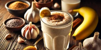 A creamy beige black garlic and banana smoothie in a clear glass with a smooth, thick texture, garnished with a sprinkle of cinnamon and a banana slice. The setting includes a wooden table with a small dish of black garlic cloves, a banana, a bowl of ground flaxseeds, and a glass of almond milk, highlighting the smoothie’s prebiotic and gut-supporting benefits.