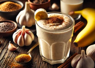 A creamy beige black garlic and banana smoothie in a clear glass with a smooth, thick texture, garnished with a sprinkle of cinnamon and a banana slice. The setting includes a wooden table with a small dish of black garlic cloves, a banana, a bowl of ground flaxseeds, and a glass of almond milk, highlighting the smoothie’s prebiotic and gut-supporting benefits.