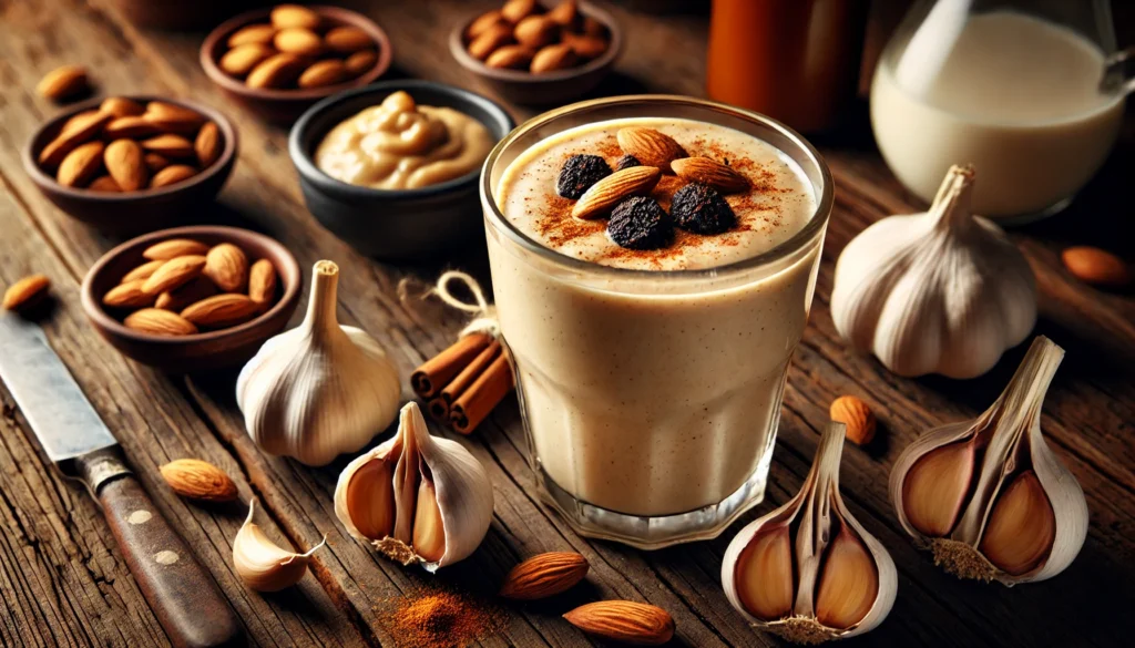 A warm beige black garlic and spiced almond smoothie in a clear glass with a smooth, creamy texture, garnished with a sprinkle of cinnamon and a few almond slices. The setting includes a rustic wooden table with a small dish of black garlic cloves, a bowl of almond butter, a cinnamon stick, and a glass of almond milk, highlighting the smoothie’s digestion-enhancing and gut-supporting benefits.