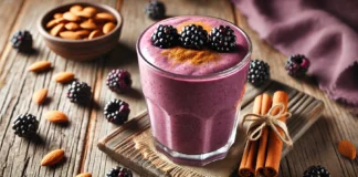 A creamy blackberry smoothie in a glass, blended with almond butter and cinnamon, creating a rich purple hue. The smoothie is garnished with whole blackberries and a sprinkle of cinnamon, set on a rustic wooden surface with almonds and cinnamon sticks subtly visible in the background.