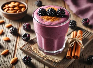 A creamy blackberry smoothie in a glass, blended with almond butter and cinnamon, creating a rich purple hue. The smoothie is garnished with whole blackberries and a sprinkle of cinnamon, set on a rustic wooden surface with almonds and cinnamon sticks subtly visible in the background.