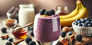 A creamy deep purple smoothie in a clear glass, garnished with fresh blackberries and a sprinkle of cinnamon. The smoothie sits on a wooden countertop, surrounded by banana, Greek yogurt, and honey, creating a digestion-supportive and gut-balancing atmosphere.