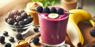 A deep purple Blackberry-Banana Muscle Replenisher Smoothie in a clear glass, garnished with fresh blackberries and a banana slice. Surrounding the glass are blackberries, a ripe banana, peanut butter, and ice cubes on a wooden surface.