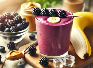 A deep purple Blackberry-Banana Muscle Replenisher Smoothie in a clear glass, garnished with fresh blackberries and a banana slice. Surrounding the glass are blackberries, a ripe banana, peanut butter, and ice cubes on a wooden surface.