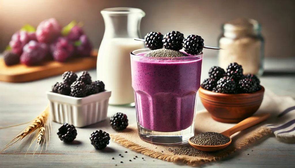 A rich purple Blackberry-Chia Muscle Recovery Smoothie in a clear glass, garnished with blackberries and a sprinkle of chia seeds. Surrounding the glass are blackberries, a dish of chia seeds, vanilla protein powder, and a glass of oat milk on a wooden surface.