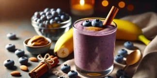 A creamy blueberry-banana relaxation smoothie in a clear glass, surrounded by fresh blueberries, a ripe banana, cinnamon sticks, and almond butter. The smoothie has a rich purple-blue hue with a smooth texture, set against a softly lit, cozy background for a relaxing nighttime ambiance.