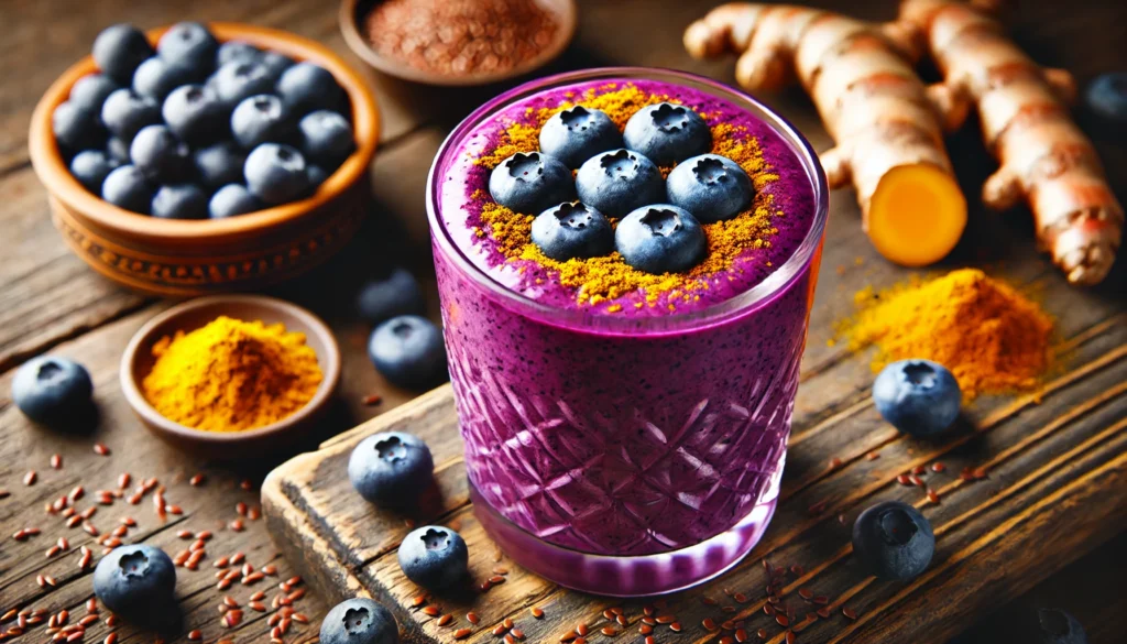 A vibrant blueberry smoothie in a glass, blended with turmeric and flaxseeds, creating a rich purple color with golden turmeric tones. The smoothie is garnished with whole blueberries and a light dusting of turmeric powder, set on a rustic wooden surface with a small dish of flaxseeds and a turmeric root subtly visible in the background.