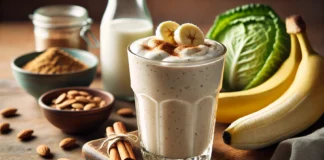 A creamy beige smoothie in a clear glass, garnished with banana slices and a dash of cinnamon. The smoothie sits on a wooden countertop, surrounded by Greek yogurt, green cabbage, and almond milk, creating a wholesome and gut-soothing visual.