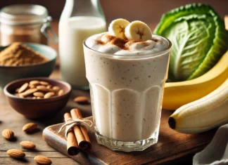 A creamy beige smoothie in a clear glass, garnished with banana slices and a dash of cinnamon. The smoothie sits on a wooden countertop, surrounded by Greek yogurt, green cabbage, and almond milk, creating a wholesome and gut-soothing visual.
