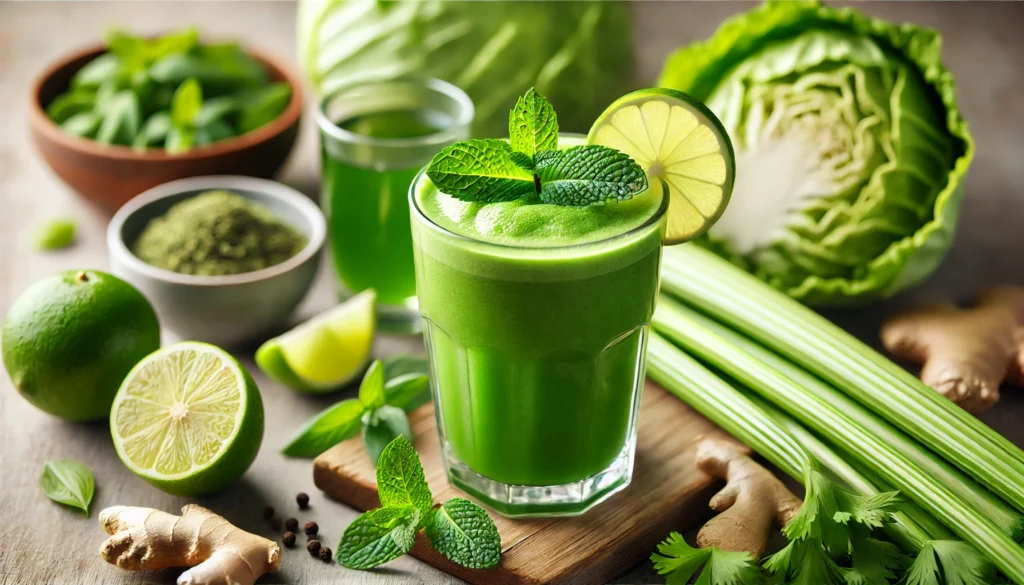 A vibrant green cleansing smoothie in a clear glass, garnished with fresh mint leaves and a lime wedge. The smoothie rests on a natural wooden surface, surrounded by green cabbage, celery, green tea, and ginger, evoking a fresh and digestive-reset atmosphere.