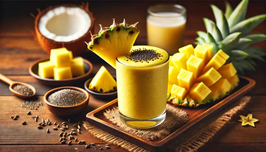 A vibrant caraway and pineapple enzyme smoothie in a tall glass, with a bright yellow color and a smooth, creamy texture. Garnished with a fresh pineapple wedge and a sprinkle of chia seeds. The background features a small dish of caraway seeds, fresh pineapple chunks, a banana, and a glass of coconut water on a tropical wooden surface, emphasizing digestive-supporting ingredients and enzyme-rich freshness.