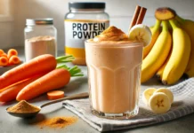 A creamy, post-workout smoothie in a clear glass, featuring carrots and bananas. The smoothie has a light orange color and is garnished with a banana slice and a sprinkle of cinnamon. The background is a modern kitchen setting with fresh carrots, bananas, and a protein powder container arranged naturally.