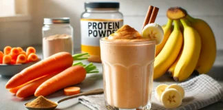 A creamy, post-workout smoothie in a clear glass, featuring carrots and bananas. The smoothie has a light orange color and is garnished with a banana slice and a sprinkle of cinnamon. The background is a modern kitchen setting with fresh carrots, bananas, and a protein powder container arranged naturally.