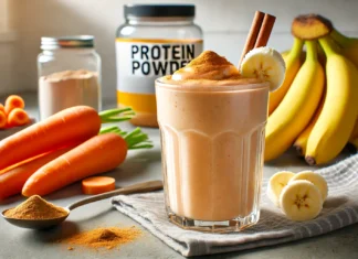 A creamy, post-workout smoothie in a clear glass, featuring carrots and bananas. The smoothie has a light orange color and is garnished with a banana slice and a sprinkle of cinnamon. The background is a modern kitchen setting with fresh carrots, bananas, and a protein powder container arranged naturally.