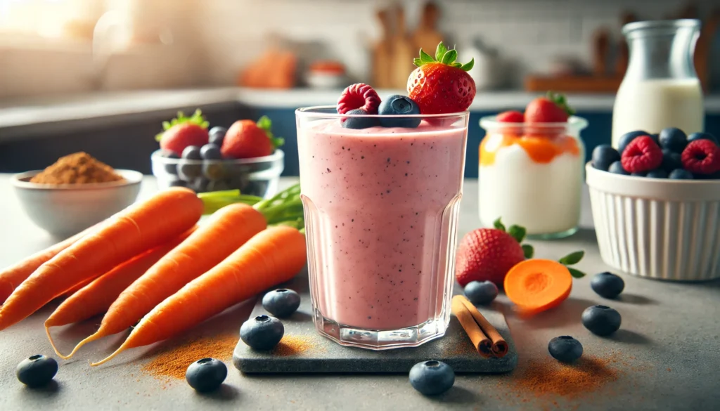 A refreshing post-workout smoothie in a clear glass, featuring carrots and mixed berries. The smoothie has a rich orange-pink hue and is garnished with a few fresh berries and a light sprinkle of cinnamon. The background is a modern kitchen setting with fresh carrots, strawberries, blueberries, and Greek yogurt in the scene.