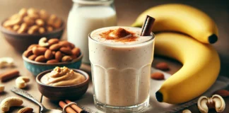 A creamy cashew-banana smoothie in a glass, placed on a wooden table with a ripe banana, cashew butter, cinnamon sticks, and a glass of almond milk. The smoothie has a velvety texture with a sprinkle of cinnamon, creating a cozy and relaxing sleep-supporting drink.